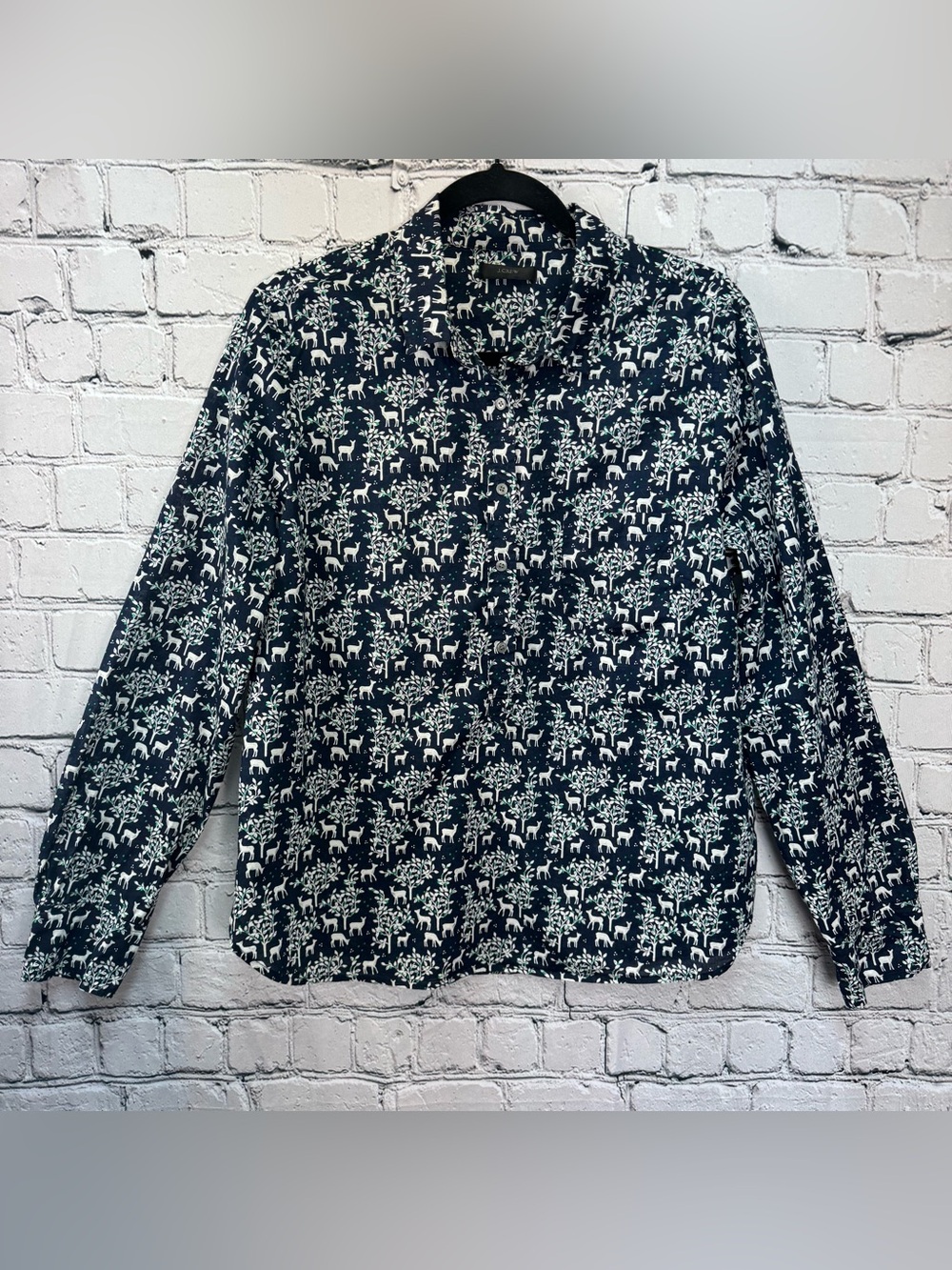 J. Crew Navy & White Woodland Deer Print Button-Down 100% Cotton Popover Shirt